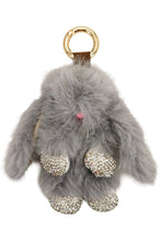 Load image into Gallery viewer, Gray fluffy bunny keychain purse charm with rhinestone details on a white background
