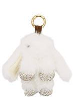 Load image into Gallery viewer, White fluffy keychain purse charm with rhinestone details on a white background
