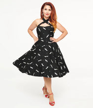 Load image into Gallery viewer, Black &amp; Silver Bats Criss Cross Halter Rita Flare Dress
