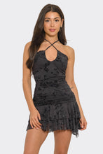 Load image into Gallery viewer, Black Rose Mesh Strapless Mini Dress with Front Tie
