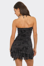 Load image into Gallery viewer, Black Rose Mesh Strapless Mini Dress with Front Tie
