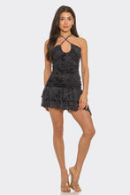 Load image into Gallery viewer, Black Rose Mesh Strapless Mini Dress with Front Tie
