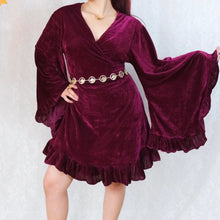 Load image into Gallery viewer, Burgundy Velvet Wrap Dress with Bell Sleeve
