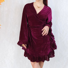 Load image into Gallery viewer, Burgundy Velvet Wrap Dress with Bell Sleeve
