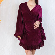 Burgundy Velvet Wrap Dress with Bell Sleeve