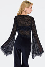 Load image into Gallery viewer, Filigree Black Mesh Burnout Lace Front Bell Sleeve Top
