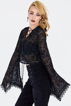 Load image into Gallery viewer, Filigree Black Mesh Burnout Lace Front Bell Sleeve Top
