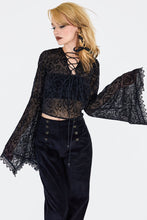 Load image into Gallery viewer, Filigree Black Mesh Burnout Lace Front Bell Sleeve Top

