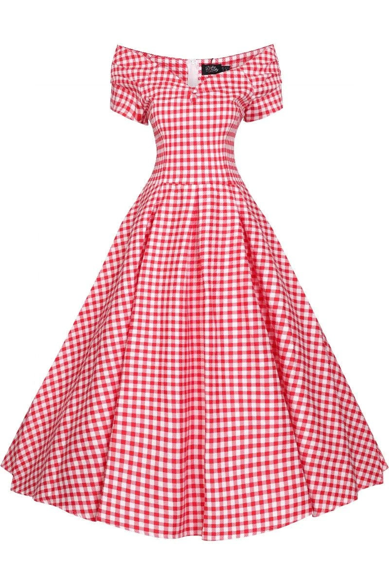 fitted lace wedding dress Off Shoulder Red Gingham Swing Dress