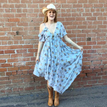 Load image into Gallery viewer, Light Blue with Yellow Flowers Asymmetrical Maxi Dress
