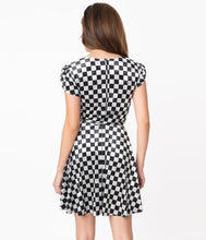 Load image into Gallery viewer, Black and Grey Checkerboard Velvet Girl Power Flare Dress
