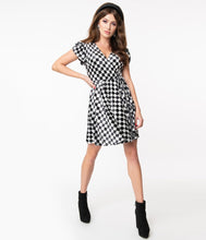 Load image into Gallery viewer, Black and Grey Checkerboard Velvet Girl Power Flare Dress
