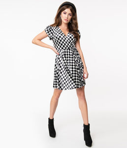 Black and Grey Checkerboard Velvet Girl Power Flare Dress