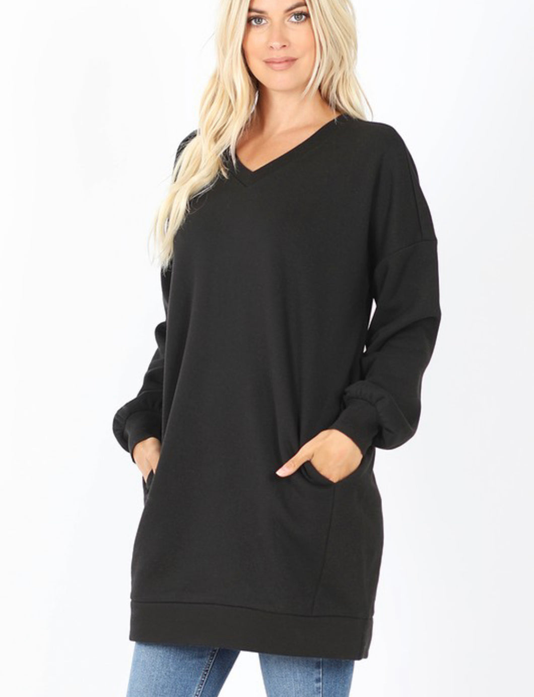 Black V-Neck Cozy Longline Sweatshirt