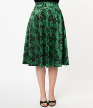 Load image into Gallery viewer, Green Velvet and Black Floral High Waist Vivien Swing Skirt
