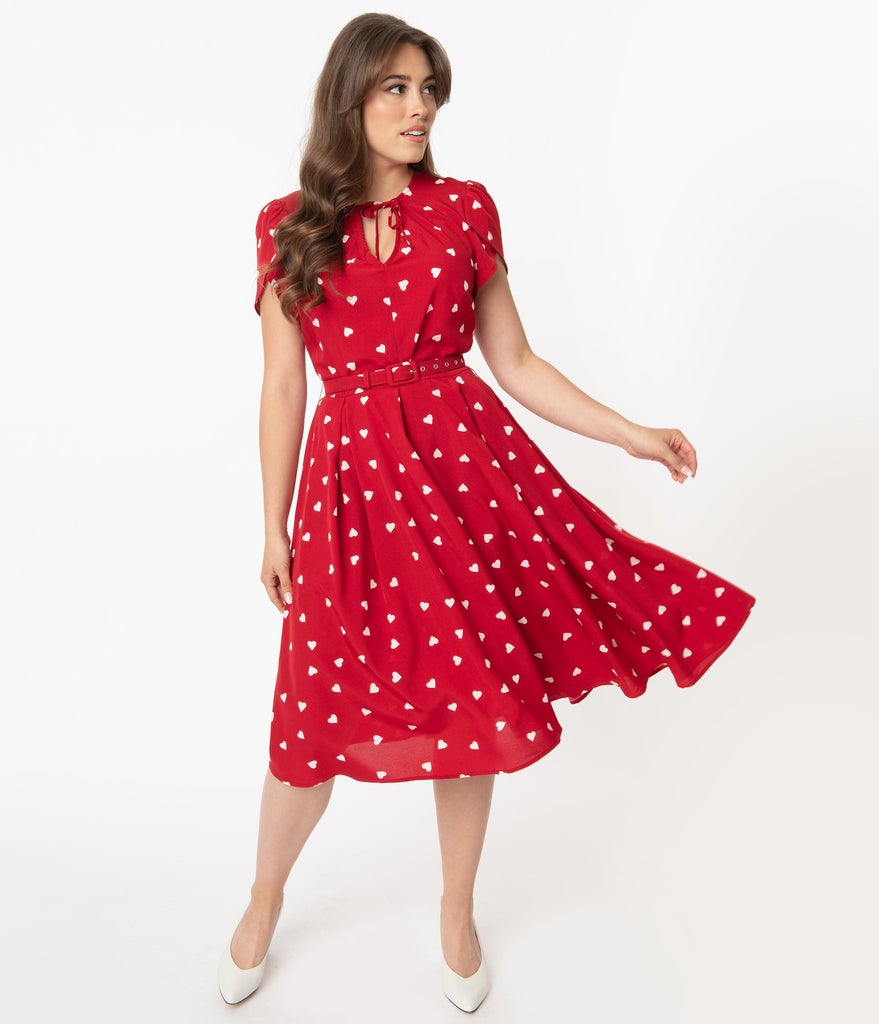 Red and White Hearts Print Dahlia Swing Dress