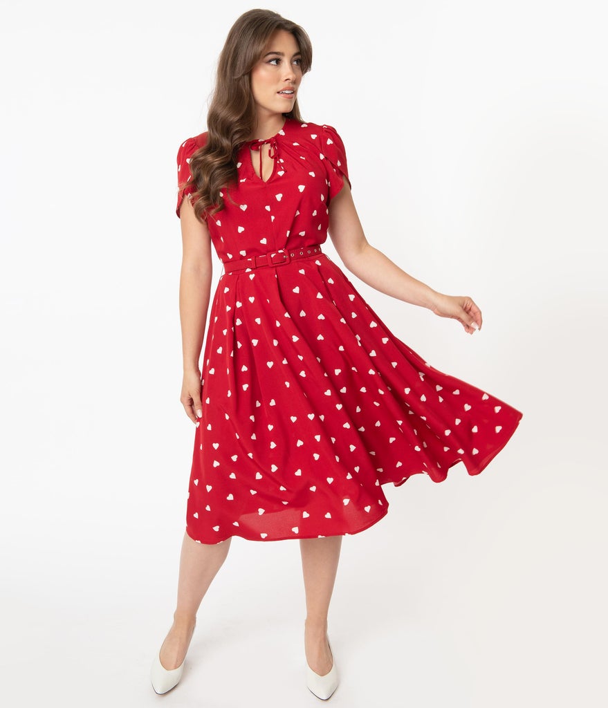 red dress with white hearts Red and White Hearts Print Dahlia Swing Dress