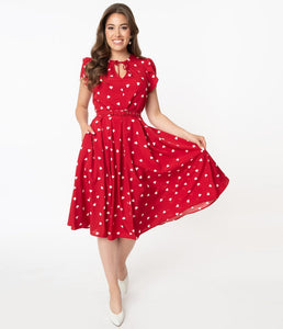 Red and White Hearts Print Dahlia Swing Dress