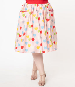 Pink and Multicolored Hearts Print Susannah Swing Skirt