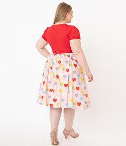 Pink and Multicolored Hearts Print Susannah Swing Skirt