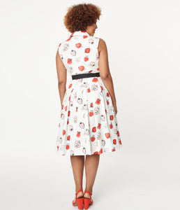 White and Red Strawberry Print Edith Swing Dress