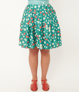 Green Strawberry Floral Print Collins Wrap Swing Skirt