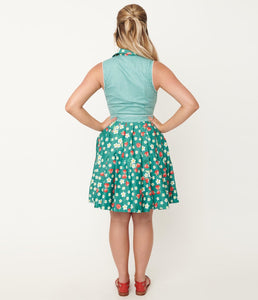 Green Strawberry Floral Print Collins Wrap Swing Skirt
