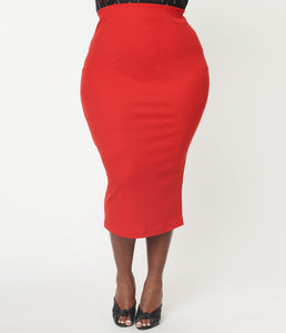 Red Knit Cyd Midi Pencil Skirt