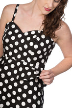 Load image into Gallery viewer, Black and White Polka Dot Peplum Pencil Dress
