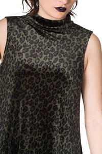 Olive and Black Velvet Cheetah Print Zippered Mini Dress