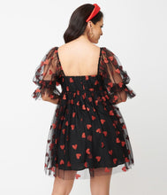Load image into Gallery viewer, Black and Red Glitter Hearts Love Interest Babydoll Dress
