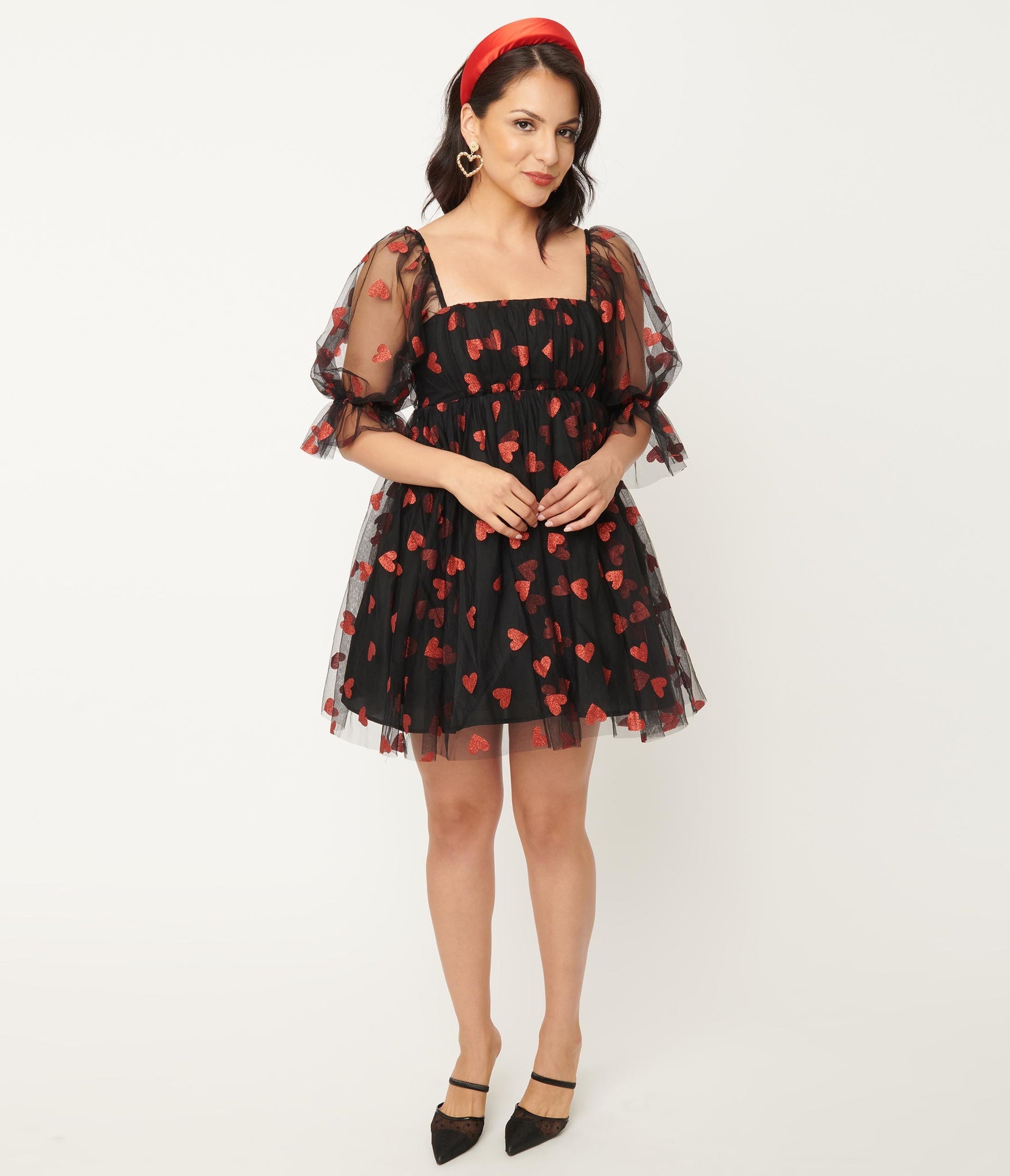 Black and Red Glitter Hearts Love Interest Babydoll Dress Black and Red Glitter Hearts Love Interest Babydoll Dress