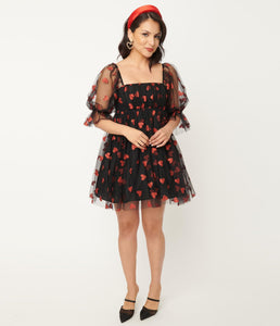 Black and Red Glitter Hearts Love Interest Babydoll Dress