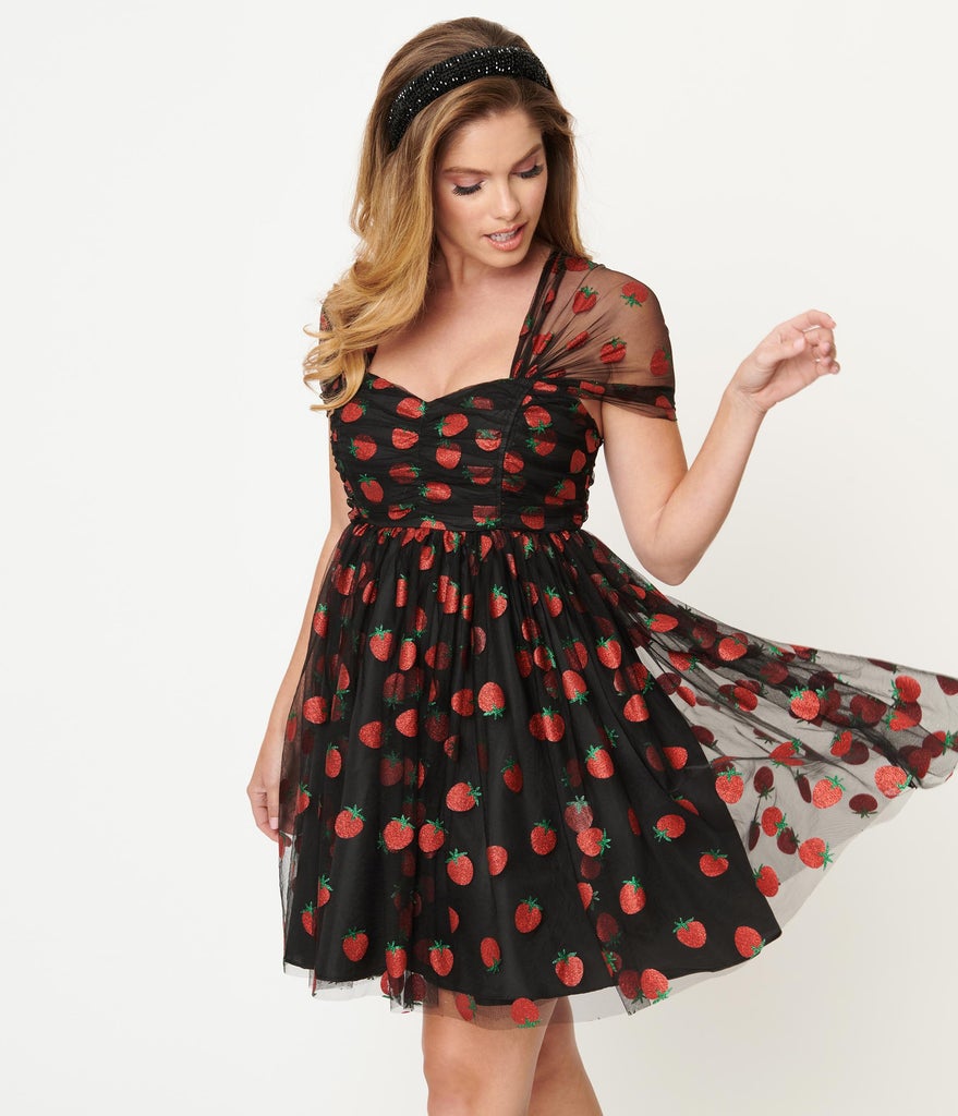Black and Glitter Strawberry Print Heart and Soul Babydoll Dress Black and Glitter Strawberry Print Heart and Soul Babydoll Dress