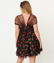 Load image into Gallery viewer, Black and Glitter Strawberry Print Heart and Soul Babydoll Dress
