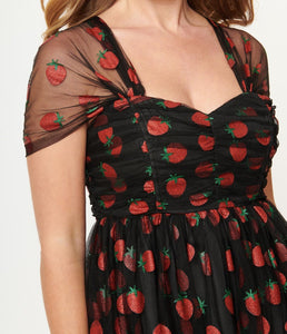 Black and Glitter Strawberry Print Heart and Soul Babydoll Dress