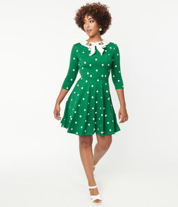 Green and White Polka Dot Strawberry Collared Wednesday Flare Dress