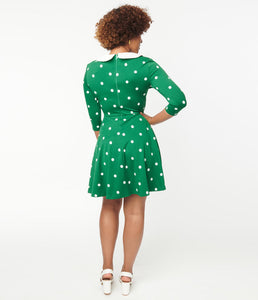 Green and White Polka Dot Strawberry Collared Wednesday Flare Dress