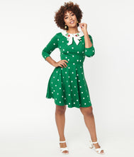 Load image into Gallery viewer, Green and White Polka Dot Strawberry Collared Wednesday Flare Dress
