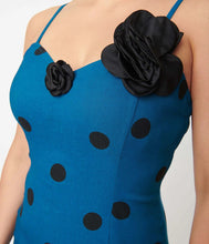 Load image into Gallery viewer, Teal and Black Polka Dot Rizzo Wiggle Dress

