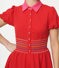 Load image into Gallery viewer, Red and Rainbow Smocked Babydoll Blouse
