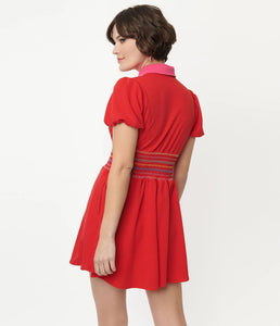 Red and Rainbow Smocked Babydoll Blouse