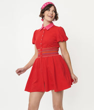 Load image into Gallery viewer, Red and Rainbow Smocked Babydoll Blouse
