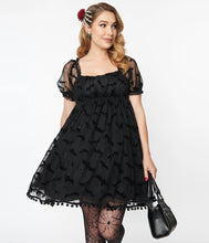 Load image into Gallery viewer, Black Bat Flock Print Babydoll Belle Dress
