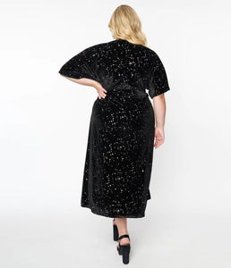 Black Velvet and Star Print Wrap Midi Dress