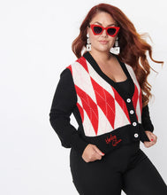 Load image into Gallery viewer, Black and Red Argyle XOXO Harley Quinn Cardigan
