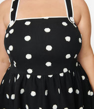 Load image into Gallery viewer, Black and Ivory Flocked Polka Dot Pinafore Swing Dress
