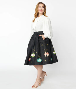 Black & Glitter Ornament Gellar Swing Skirt