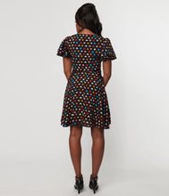 Load image into Gallery viewer, Black and Multicolor Hearts Fit and Flare Zipper Dress
