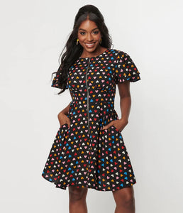 Black and Multicolor Hearts Fit and Flare Zipper Dress
